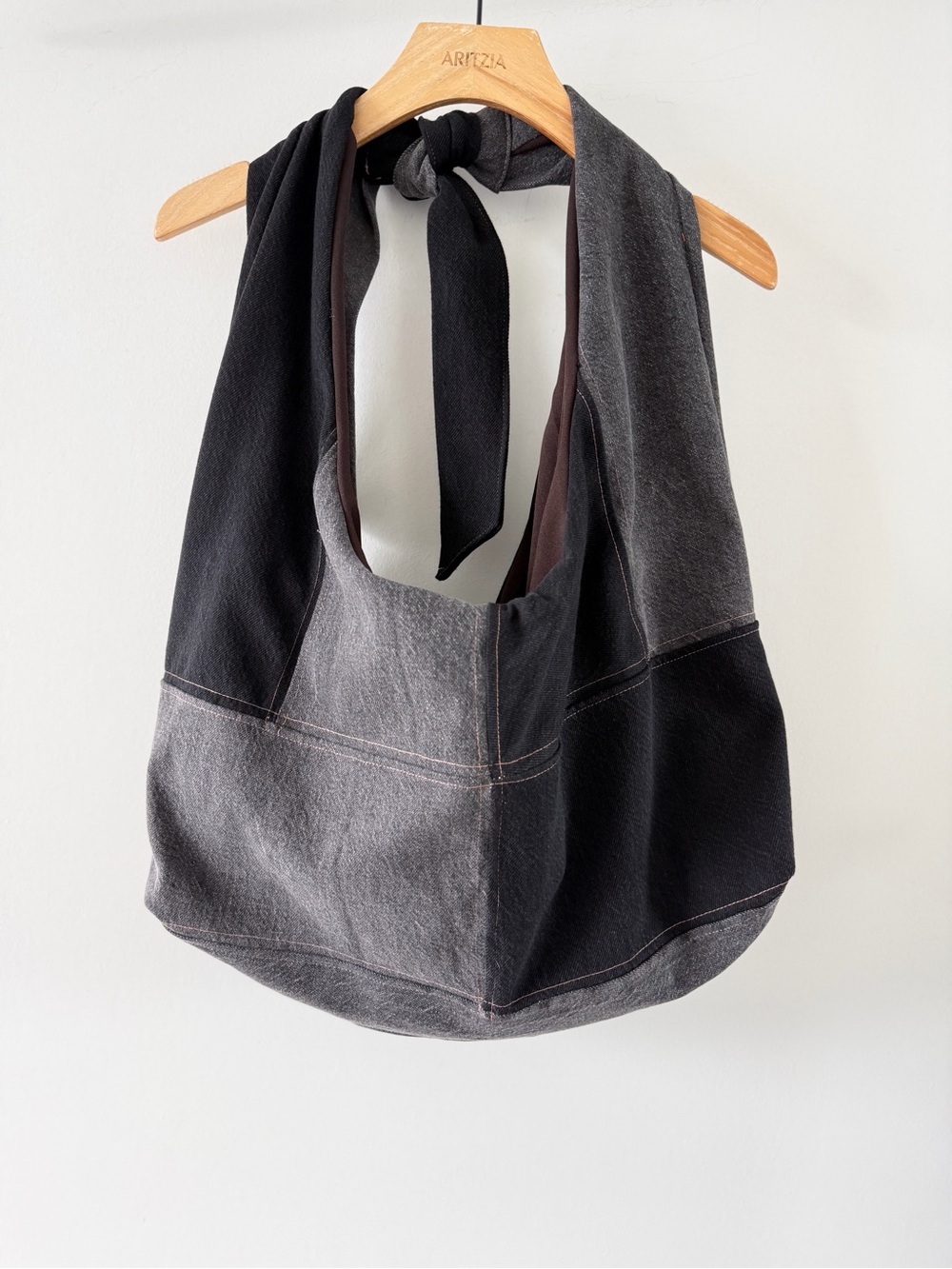 Handmade Upcycled Black Gray Patchwork Denim Hobo Shoulder Bag Adjustable Tie - Picture 3 of 7